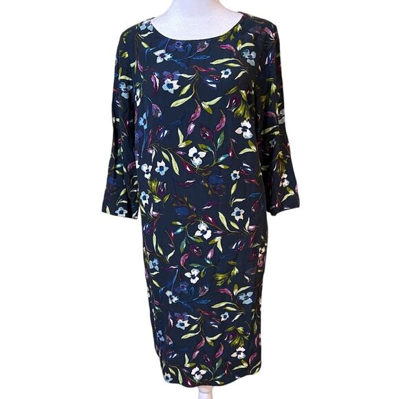 J Jill Navy Blue Floral 3/4 Sleeve Pullover Shift Dress Size Medium - Picture 1 of 7